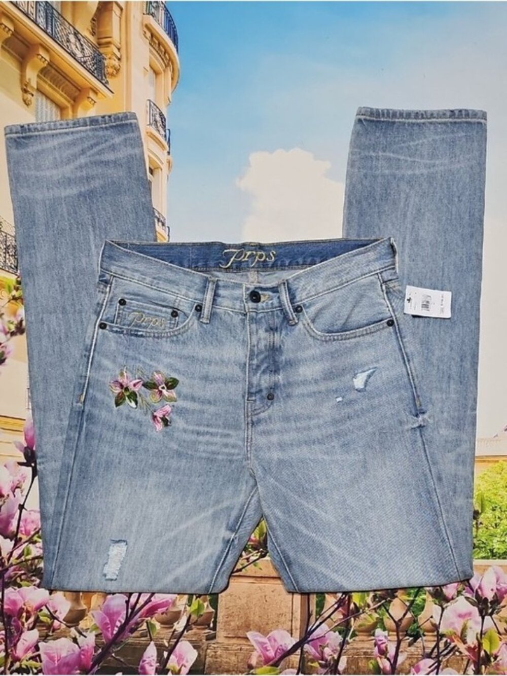 PRPS Demon Slim Distressed Jeans Floral Embroidery Button Fly Size 30 New